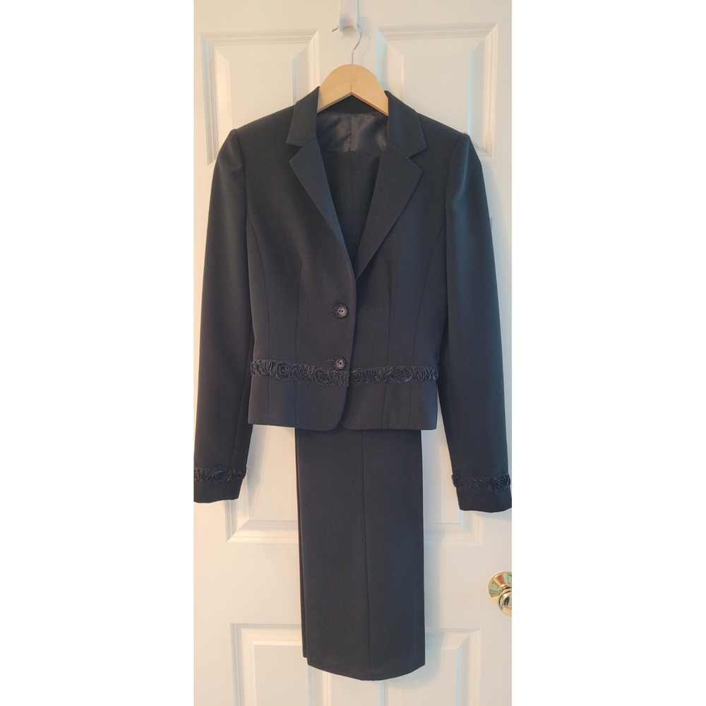 Custom Made Career Black Suit 3 Pc Lined Jacket Blazer pants skirt Suit set Sz S